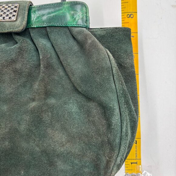 Vintage Italian Suede Handbag – Emerald Green Accents & Checkered Clasp - Picture 8 of 9